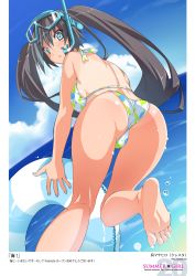 Rule 34 | 1girl, :o, artbook, ass, barefoot, bikini, black hair, blue eyes, blush, cameltoe, cle masahiro, cloud, day, diving mask, diving mask on head, feet, goggles, goggles on head, highres, innertube, kneepits, long hair, looking at viewer, looking back, original, polka dot, polka dot bikini, polka dot swimsuit, scan, sky, snorkel, soles, solo, swim ring, swimsuit, tan, tanline, thigh gap, thighs, translation request, twintails, water, wedgie
