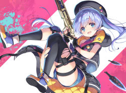 Rule 34 | 1girl, ahoge, apex legends, asymmetrical legwear, beret, black thighhighs, blue eyes, blue hair, blush, commentary request, fingerless gloves, full body, gloves, hat, holding, holding weapon, knee pads, knife, looking at viewer, navel, nijisanji, open mouth, shiny skin, shoes, simple background, sleeveless, smile, sneakers, solo, thigh strap, thighhighs, thighs, tomose shunsaku, torn clothes, torn thighhighs, twintails, uneven legwear, virtual youtuber, weapon, yuuki chihiro, yuuki chihiro (10th costume)