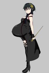Rule 34 | 1girl, big belly, black dress, black hair, boots, breasts, dagger, dress, flower, full body, hair flower, hair ornament, hair over shoulder, hairband, high heels, highres, i&#039;m milk (milkfrommilking), knife, large breasts, long hair, looking at viewer, pregnant, red eyes, sidelocks, simple background, solo, spy x family, standing, thigh boots, weapon, yor briar