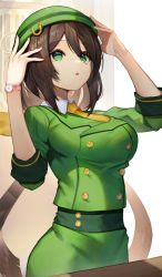 Rule 34 | 1girl, arms up, black hair, breasts, commentary request, green eyes, green hat, green jacket, green skirt, hair between eyes, hat, hayakawa tazuna, highres, jacket, large breasts, long hair, long sleeves, necktie, scottie (phantom2), skirt, solo, triangle mouth, umamusume, very long hair, watch, wristwatch, yellow necktie
