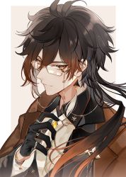 Rule 34 | 1boy, black gloves, black hair, bracelet, brown hair, buttoned cuffs, buttons, chain, closed mouth, collar, collared shirt, earrings, eyewear strap, formal, genshin impact, glasses, gloves, hair between eyes, highres, jacket, jewelry, long hair, long sleeves, looking at viewer, male focus, multicolored hair, necktie, ponytail, qing, ring, shirt, simple background, single earring, smile, solo, suit, tassel, tassel earrings, yellow eyes, zhongli (genshin impact)