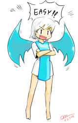 Rule 34 | 1girl, barefoot, bat wings, blue tabard, blue wings, blush stickers, crossed arms, dress, english text, fang, flat chest, flying, gapangman, legs apart, momodora: reverie under the moonlight, motion lines, open mouth, red eyes, short dress, short hair, signature, skin fang, smile, solo, speech bubble, tabard, white background, white dress, white hair, wings