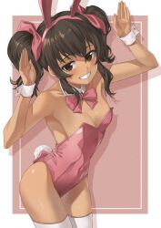 Rule 34 | 1girl, animal ears, anise tatlin, armpits, bare shoulders, blush, border, breasts, cleavage, dark-skinned female, dark skin, highres, legs together, leotard, looking at viewer, medium breasts, petite, playboy bunny, rabbit ears, red background, rourou ill, simple background, smile, solo, tales of (series), tales of the abyss, twintails, white border
