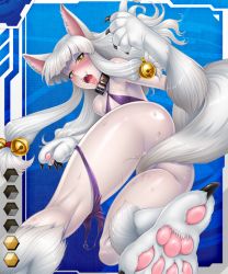 Rule 34 | 00s, 1girl, animal ears, animal hands, bell, blunt bangs, blush, breasts, card (blue-r), card (medium), card (r), claws, collar, fangs, green eyes, hair bell, hair ornament, inugami nui, jingle bell, long hair, monster girl, official art, open mouth, pale skin, pussy juice, slit pupils, small breasts, tail, tail censor, taimanin (series), taimanin asagi, taimanin asagi battle arena all card gallery, taimanin asagi kessen arena, tongue, tongue out, white hair, zol