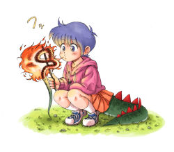 Rule 34 | 1girl, blue hair, breath weapon, breathing fire, cooking, dragon girl, dragon tail, fire, full body, original, oyatsu (mk2), short hair, simple background, skirt, snake, solo, squatting, tail, white background