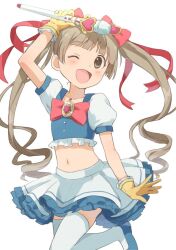 Rule 34 | 1girl, :d, arm up, blue shirt, blue skirt, blush, brooch, brown eyes, brown hair, buchi (y0u0ri ), collarbone, cropped shirt, frilled skirt, frills, gloves, hair ornament, hair ribbon, heart, heart hair ornament, holding, holding wand, idolmaster, idolmaster cinderella girls, idolmaster cinderella girls starlight stage, idolmaster cinderella girls u149, jewelry, long hair, looking at viewer, midriff, navel, one eye closed, open mouth, red ribbon, ribbon, shirt, short sleeves, simple background, skirt, smile, solo, standing, standing on one leg, thighhighs, twintails, wand, white background, white thighhighs, yellow gloves, yokoyama chika