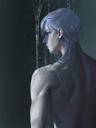 Rule 34 | 1boy, back, back focus, bare arms, bare back, bare shoulders, blue hair, blush, commentary, genshin impact, hair behind ear, highres, kamisato ayato, looking at viewer, looking back, m alexa, male focus, muscular, muscular male, pointy nose, purple eyes, shadow, signature, solo, upper body, wet