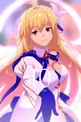 1girl archetype_earth archetype_earth_(third_ascension) arcueid_brunestud bare_shoulders blonde_hair blue_gloves blue_ribbon blue_skirt breasts brooch cleavage detached_collar detached_sleeves dress echo_(circa) fate/grand_order fate_(series) flower gloves gold_trim hair_flower hair_ornament halo jewelry large_breasts long_hair looking_at_viewer multicolored_skirt outstretched_arm red_eyes ribbon skirt smile solo very_long_hair white_dress