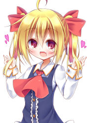Rule 34 | 1girl, :d, ahoge, alternate hairstyle, ascot, blonde hair, bow, esureki, fang, hair bow, hair ribbon, looking at viewer, open mouth, red eyes, ribbon, rumia, smile, solo, touhou, twintails
