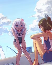 Rule 34 | 10s, 2girls, bent over, blue eyes, brown eyes, brown hair, cloud, covered navel, crop top, day, dutch angle, flower, from below, hair flower, hair ornament, hourai kochou, i-401 (kancolle), kantai collection, knees together feet apart, leaning forward, legs together, lighthouse, long hair, multiple girls, one-piece swimsuit, one-piece tan, open mouth, ponytail, ro-500 (kancolle), sailor collar, school swimsuit, short hair, sitting, standing, swimsuit, swimsuit under clothes, tan, tanline