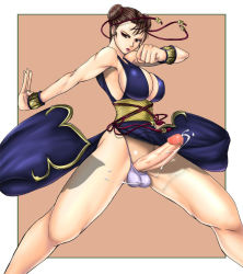 Rule 34 | 1futa, artist request, bare shoulders, bracelet, breasts, brown hair, capcom, chinese clothes, chun-li, cleavage, covered erect nipples, cum, cumdrip, double bun, ejaculation, erection, full-package futanari, futanari, hair bun, handsfree ejaculation, huge breasts, huge penis, huge testicles, jewelry, large breasts, looking at viewer, panties, penis, solo, spread legs, street fighter, testicles, underwear