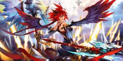 Rule 34 | 1girl, ahoge, ass, blue eyes, breasts, dual wielding, fingerless gloves, gloves, hair ornament, highres, holding, holding weapon, looking at viewer, looking back, medium breasts, official art, open mouth, red hair, seven knights, solo, spiked gauntlets, standing, torn clothes, torn legwear, weapon, wings