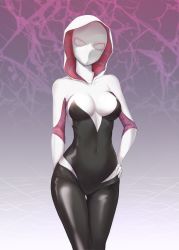 Rule 34 | 1girl, absurdres, arm behind back, bodysuit, breasts, covered navel, cowboy shot, g home, gluteal fold, gradient background, gwen stacy, highres, hood, hood up, hooded bodysuit, marvel, medium breasts, purple background, skin tight, solo, spider-gwen, spider-man: into the spider-verse, spider-man (series), spider-verse, spider web print, thigh gap