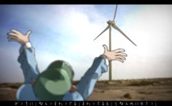 Rule 34 | 1girl, arms up, blue hair, flanvia, hair bobbles, hair ornament, hat, highres, kawashiro nitori, letterboxed, solo, touhou, twintails, two side up, wind turbine, windmill