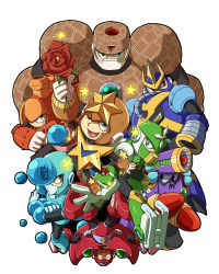 Rule 34 | 6+boys, :d, armor, blue eyes, bodysuit, cannon, capcom, charge man, closed eyes, crystal man, flower, gloves, gravity man, gyro man, helmet, holding, holding flower, looking at viewer, looking back, lowres, male focus, mega man (classic), mega man (series), mega man 5, multiple boys, napalm man, nekoichi, open mouth, red eyes, rose, shoulder pads, simple background, smile, sparkle, spikes, star (symbol), star man (mega man), stone man, teeth, wave man, white background, white gloves