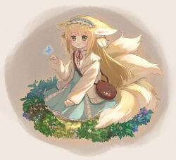 Rule 34 | 1girl, animal ear fluff, animal ears, arknights, bag, blonde hair, blue butterfly, blue hairband, blue skirt, blush, brown bag, bug, butterfly, cardigan, commentary, cross-laced clothes, cross-laced skirt, cross-laced slit, fox ears, fox girl, fox tail, frilled hairband, frills, full body, green eyes, hair ornament, hair scrunchie, hairband, handbag, high-waist skirt, highres, insect, kitsune, kyuubi, long hair, long sleeves, multiple tails, neck ribbon, official alternate costume, open cardigan, open clothes, open mouth, puffy long sleeves, puffy sleeves, red ribbon, ribbon, round bag, scrunchie, seiza, shirt, shoulder bag, sitting, skirt, solo, suzuran (arknights), suzuran (spring praise) (arknights), tail, vita (mitac), white shirt, yellow cardigan