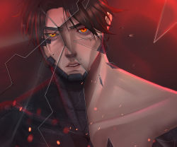 Rule 34 | 1boy, absurdres, arcane: league of legends, artist name, black sclera, broken glass, brown hair, collarbone, colored sclera, glass, gradient background, highres, league of legends, liam koli, looking at viewer, male focus, mechanical parts, orange eyes, portrait, red background, short hair, solo, teeth, viktor (league of legends), watermark