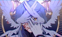 Rule 34 | 06znj, 1boy, absurdres, blood, blood on face, blue background, blue hair, commentary, earrings, english commentary, evil smile, gloves, gradient background, hair between eyes, halo, halo behind head, hand on own face, head wings, highres, honkai: star rail, honkai (series), jacket, jewelry, long sleeves, looking at viewer, male focus, medium hair, one eye covered, parted lips, portrait, red pupils, slit pupils, smile, solo, sunburst, sunday (honkai: star rail), white gloves, white jacket, wings, yellow eyes