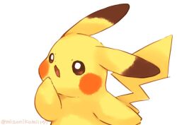 animal_ears artist_name colored_skin commentary creatures_(company) dot_nose game_freak gen_1_pokemon looking_to_the_side misonikomiii nintendo no_humans pikachu pokemon pokemon_(creature) solo symbol-only_commentary tail twitter_username white_background yellow_skin