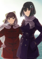 Rule 34 | 2girls, alternate costume, black hair, bow, brown eyes, coat, haguro (kancolle), hair bow, hair ornament, height difference, highres, kamikaze (kancolle), kantai collection, long hair, long sleeves, multiple girls, outdoors, purple coat, purple eyes, purple hair, purple scarf, red coat, scarf, short hair, smile, tomoyo kai, yellow bow
