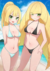 Rule 34 | 2girls, :d, absurdres, bikini, blonde hair, blue sky, blush, braid, breasts, cleavage, closed mouth, cloud, collarbone, commentary request, creatures (company), day, eyelashes, game freak, green eyes, highres, lillie (pokemon), long hair, lusamine (pokemon), medium breasts, mother and daughter, multiple girls, navel, nintendo, open mouth, outdoors, pokemon, pokemon sm, ponytail, ppmmkoko360, sand, shore, sky, smile, sparkle, standing, swimsuit, thong, thong bikini, very long hair, water, wide hips