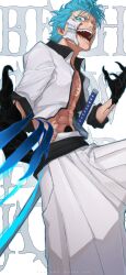 Rule 34 | 1boy, abs, absurdres, arrancar, black sash, black skin, bleach, blue eyes, blue hair, blue outline, broken mask, claws, collared jacket, colored skin, commentary request, copyright name, facial mark, grimmjow jaegerjaquez, hair between eyes, hakama, highres, hole in stomach, hole on body, jacket, japanese clothes, looking at viewer, male focus, mask, open clothes, open jacket, outline, pants, sash, sheath, sheathed, solo, teeth, white background, white pants, you8 pen