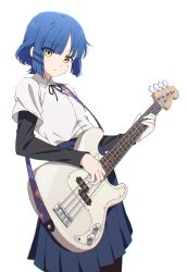 Rule 34 | 1girl, bass guitar, black ribbon, black shirt, blue hair, blue skirt, blunt bangs, bocchi the rock!, closed mouth, collared shirt, commentary, cowboy shot, dolldolldd, fender precision bass, highres, holding, holding instrument, instrument, layered sleeves, long sleeves, looking at viewer, mole, mole under eye, music, neck ribbon, pantyhose, playing instrument, pleated skirt, ribbon, shirt, shirt tucked in, short hair, short over long sleeves, short sleeves, simple background, skirt, solo, standing, white background, white shirt, yamada ryo, yellow eyes