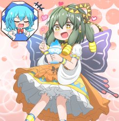 Rule 34 | 2girls, :d, bloomers, blue dress, blue ribbon, butterfly wings, chibi, cirno, closed eyes, commentary request, coruthi, dress, food, frilled dress, frills, green hair, hair ribbon, happy, heart, highres, holding, holding food, holding spoon, hollow song of birds, ice, ice wings, insect wings, multiple girls, nebet tefet, neck ribbon, open mouth, orange dress, puffy short sleeves, puffy sleeves, red ribbon, ribbon, shaved ice, shirt, short sleeves, smile, sparkling eyes, spoon, touhou, underwear, white shirt, wings, yellow eyes