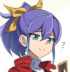 Rule 34 | 1girl, bow, card, closed mouth, green eyes, hair between eyes, hair bow, holding, holding card, jacket, open clothes, open jacket, pira 811, ponytail, purple hair, red jacket, serena (yu-gi-oh!), simple background, smile, smug, solo, upper body, yellow bow, yu-gi-oh!, yu-gi-oh! arc-v