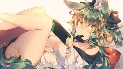 Rule 34 | 1girl, animal ear fluff, animal ears, breasts, chocolate, cleavage, crossed bangs, green eyes, green hair, hair between eyes, handheld game console, highres, holding, holding handheld game console, kuromiya, kuromiya raika, large breasts, legs, looking at viewer, lying, mouth hold, multicolored hair, nintendo switch, on back, orange hair, original, pillow, solo, tail, thighs, two-tone hair, white background