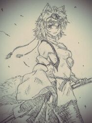 Rule 34 | 1girl, animal ears, armpit crease, breasts, bridal gauntlets, cowboy shot, detached sleeves, graphite (medium), greyscale, hat, holding, holding sword, holding weapon, inubashiri momiji, kjo1975, medium breasts, monochrome, pom pom (clothes), ribs, shirt, short hair, sketch, sleeveless, sleeveless shirt, solo, sword, tail, tassel, tokin hat, touhou, traditional media, turtleneck, weapon, wide sleeves, wolf ears, wolf girl, wolf tail