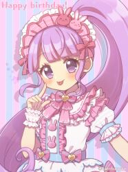 Rule 34 | 1girl, :p, blunt bangs, blush, commentary request, dress, finger to cheek, frilled dress, frills, hand up, happy birthday, index finger raised, lolita fashion, long hair, looking at viewer, manaka non, pretty series, pripara, puffy short sleeves, puffy sleeves, purple eyes, purple hair, short sleeves, side ponytail, sidelocks, smile, solo, standing, striped background, sweet lolita, tabana, tongue, tongue out, very long hair, white dress, wrist cuffs