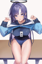 Rule 34 | 1girl, black shirt, blue archive, blue buruma, blue eyes, blue jacket, breasts, buruma, commentary request, facial tattoo, grey background, halo, highres, jacket, lanyard, large breasts, long hair, long sleeves, looking at viewer, official alternate costume, purple hair, shirt, simple background, sitting, solo, star tattoo, tattoo, thighs, track jacket, twitter username, yuntae, yuuka (blue archive), yuuka (track) (blue archive)