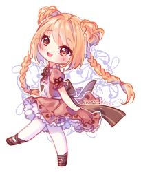 Rule 34 | 1girl, :d, artist name, blush, borrowed character, bow, bowtie, braid, brown bow, brown bowtie, brown eyes, brown footwear, brown hair, chibi, commission, double bun, dress, frilled dress, frills, from side, full body, hair bun, hyanna-natsu, long hair, looking at viewer, looking to the side, open mouth, original, outside border, pantyhose, pink dress, puffy short sleeves, puffy sleeves, round teeth, shoes, short sleeves, smile, solo, tareme, teeth, transparent background, twin braids, two-tone background, walking, white background, white pantyhose