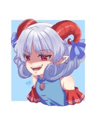Rule 34 | 1girl, blue background, blue bow, blue shirt, bow, commentary request, cropped torso, curled horns, curly hair, detached sleeves, earrings, grey hair, hair bow, highres, horns, jewelry, looking at viewer, meandros, medium bangs, open mouth, pointy ears, raised eyebrow, red eyes, red horns, red sleeves, shaded face, shirt, short hair, sleeveless, sleeveless shirt, smile, solo, touhou, toutetsu yuuma, two-tone background, upper body, white background, yuki 10825