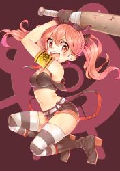 Rule 34 | 1girl, :d, armband, baseball bat, belt, blush, boots, breasts, gloves, highres, holding, momobako, nail, nail bat, open mouth, original, rojiko, shorts, smile, solo, striped clothes, striped thighhighs, thighhighs, vocaloid