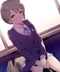 Rule 34 | 1girl, :o, backlighting, black jacket, black skirt, blazer, blue ribbon, blush, brown hair, chair, collared shirt, commentary request, day, desk, dutch angle, grey eyes, highres, holding hands, idolmaster, idolmaster cinderella girls, idolmaster cinderella girls starlight stage, indoors, jacket, looking at viewer, neck ribbon, on desk, otokura yuuki, own hands together, parted lips, pleated skirt, pov, ribbon, school chair, school desk, seneto, shirt, sitting, on desk, skirt, solo focus, sunlight, sweater vest, tube, white shirt, window, yellow ribbon