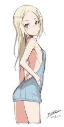 Rule 34 | 1girl, backless outfit, bare arms, bare shoulders, blonde hair, blue sweater, blush, closed mouth, cowboy shot, dated, long hair, looking at viewer, looking to the side, maze (gochama ze gohan), meme attire, naked sweater, original, parted bangs, purple eyes, ribbed sweater, signature, simple background, smile, solo, sweater, virgin killer sweater, white background