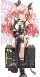 Rule 34 | 1girl, bare shoulders, black footwear, black ribbon, black thighhighs, boots, clothing cutout, commentary, hair ornament, hair ribbon, hairclip, hand up, highres, long hair, long sleeves, looking at viewer, midriff, mole, mole under eye, nicole demara, pink hair, ribbon, shoulder cutout, single thighhigh, sitting, smile, solo, strapless, thigh strap, thighhighs, thighs, tube top, two side up, uenoryoma, very long hair, white background, yellow eyes, zenless zone zero