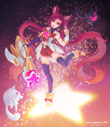 Rule 34 | 1girl, alternate costume, alternate hair color, alternate hairstyle, bare shoulders, belt, black gloves, black thighhighs, boots, bow, earrings, elbow gloves, fingerless gloves, gloves, hair ornament, high heel boots, high heels, highres, jewelry, jinx (league of legends), kuro (league of legends), league of legends, lipstick, long hair, magical girl, makeup, red bow, red eyes, red hair, red lips, red neckwear, shiro (league of legends), short shorts, shorts, star guardian (league of legends), star guardian jinx, thighhighs, twintails, very long hair