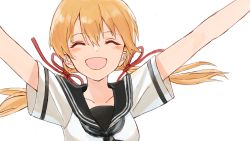Rule 34 | 10s, 1girl, ^ ^, ^o^, absurdres, alternate costume, arm up, arms up, blonde hair, blush, collarbone, closed eyes, hair ribbon, highres, kantai collection, long hair, neckerchief, prinz eugen (kancolle), red ribbon, ribbon, ruisento, school uniform, serafuku, shirt, short sleeves, simple background, smile, solo, twintails, upper body, white background, white shirt