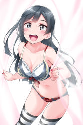 Rule 34 | 1girl, :d, adapted costume, afterschool school idol (love live!), bare arms, black eyes, black hair, blunt bangs, blush, bow, bow bra, bow panties, bra, breasts, cleavage, collarbone, curtains, frill trim, frills, highres, long hair, looking at viewer, love live!, love live! nijigasaki high school idol club, love live! school idol festival, love live! school idol festival all stars, medium breasts, multicolored bra, multicolored clothes, multicolored panties, nail polish, navel, open mouth, panties, red bow, see-through, simple background, sleeveless, smile, solo, striped clothes, striped thighhighs, teeth, thighhighs, underwear, underwear only, upper teeth only, white background, yopparai oni, yuuki setsuna (love live!)