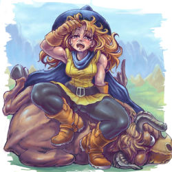 Rule 34 | 1girl, alena (dq4), breasts, cape, dragon quest, dragon quest iv, gloves, hat, horns, long hair, open mouth, orange hair, panties, panties under pantyhose, pantyhose, pipipi, sitting, square enix, sweat, thighband pantyhose, underwear