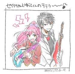 Rule 34 | 10s, 1boy, 1girl, aikatsu!, aikatsu! (series), back-to-back, bad id, bad twitter id, black hair, blazer, bow, brown eyes, crossover, dorifesu!, earrings, electric guitar, guitar, hair bow, instrument, jacket, jewelry, kuroishi yuuto, long hair, looking at another, music, musical note, necklace, otoshiro seira, pink hair, playing instrument, plectrum, purple ribbon, quaver, red eyes, ribbon, school uniform, sleeves rolled up, smile, trait connection, uniform, upper body