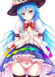 Rule 34 | 1girl, black panties, black thighhighs, blue hair, blush, bow, bow panties, bra, breasts, cameltoe, ebi 193, food, frown, fruit, hat, hinanawi tenshi, long hair, looking at viewer, open clothes, open shirt, panties, peach, red eyes, shirt, short sleeves, simple background, skirt, small breasts, solo, thighhighs, touhou, underwear, white background