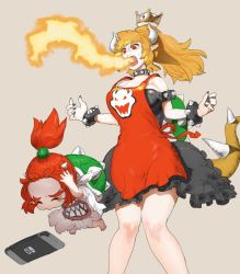 Rule 34 | 1boy, 1girl, apron, bare shoulders, black dress, black nails, blonde hair, bowser jr., bowser logo, bowsette, bracelet, breath weapon, breathing fire, collar, crown, dress, earrings, fire, horns, humanization, jewelry, logicalman6, long hair, mario (series), mother and daughter, nail polish, new super mario bros. u deluxe, nintendo, nintendo switch, pointy ears, ponytail, red eyes, red hair, sharp teeth, shell, spiked bracelet, spiked collar, spikes, standing, super crown, tail, teeth