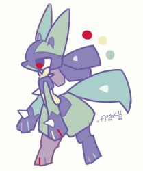 Rule 34 | artist name, auko, color guide, creatures (company), full body, furry, game freak, gen 4 pokemon, jpeg artifacts, lucario, nintendo, pokemon, pokemon (creature), red eyes, signature, simple background, solo, standing, white background