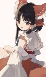 Rule 34 | 1girl, absurdres, ascot, black hair, blue ascot, blush, bow, brown eyes, commentary request, detached sleeves, feet out of frame, from behind, grey background, hair bow, hair tubes, hakurei reimu, highres, kozomezuki, long hair, looking at viewer, looking back, open mouth, red bow, red skirt, red vest, simple background, sitting, skirt, smile, solo, touhou, vest, white sleeves