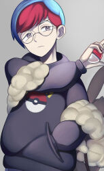 Rule 34 | 1girl, absurdres, backpack, bag, blue hair, brown bag, closed mouth, commentary request, creatures (company), game freak, glasses, grey eyes, hand in pocket, highres, looking to the side, midzuki (aimizuai), multicolored hair, nintendo, penny (pokemon), poke ball print, pokemon, pokemon sv, red hair, round eyewear, short hair, solo, two-tone hair, watermark