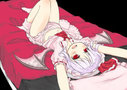 Rule 34 | 1girl, bad id, bad pixiv id, bare legs, bed, frilled skirt, frills, highres, light purple hair, lying, navel, on back, on bed, red eyes, remilia scarlet, shirt, short hair, skirt, touhou, usalxlusa